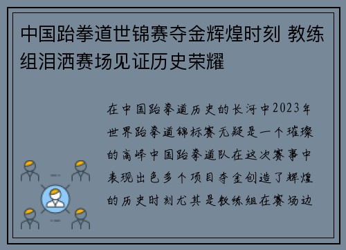 中国跆拳道世锦赛夺金辉煌时刻 教练组泪洒赛场见证历史荣耀