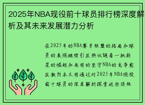 2025年NBA现役前十球员排行榜深度解析及其未来发展潜力分析