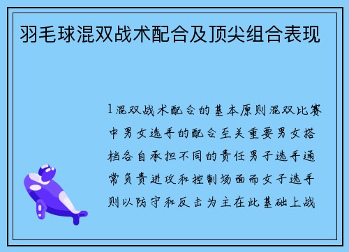 羽毛球混双战术配合及顶尖组合表现