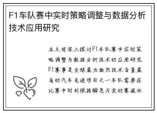 F1车队赛中实时策略调整与数据分析技术应用研究